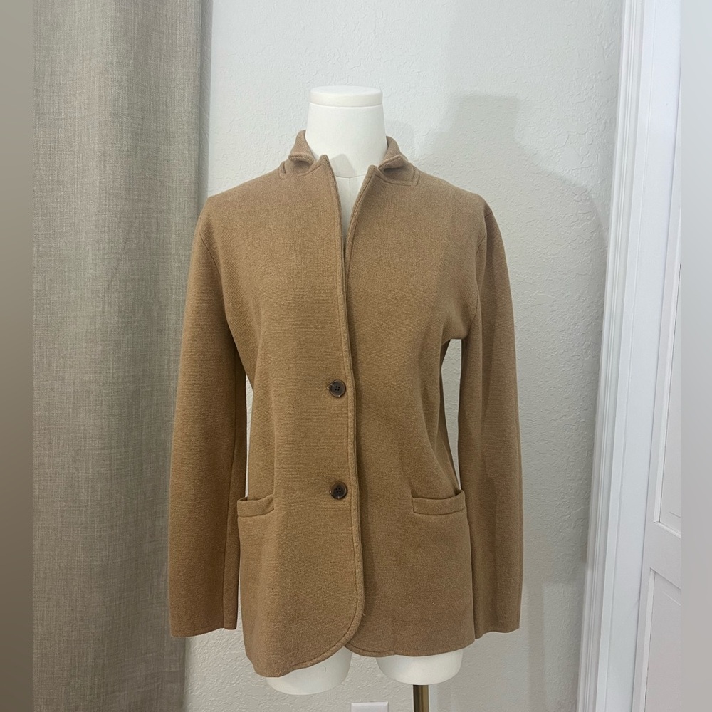 Camel Minimalist Knit Jacket Women’s Tailored Button Front Cardigan Blazer Small